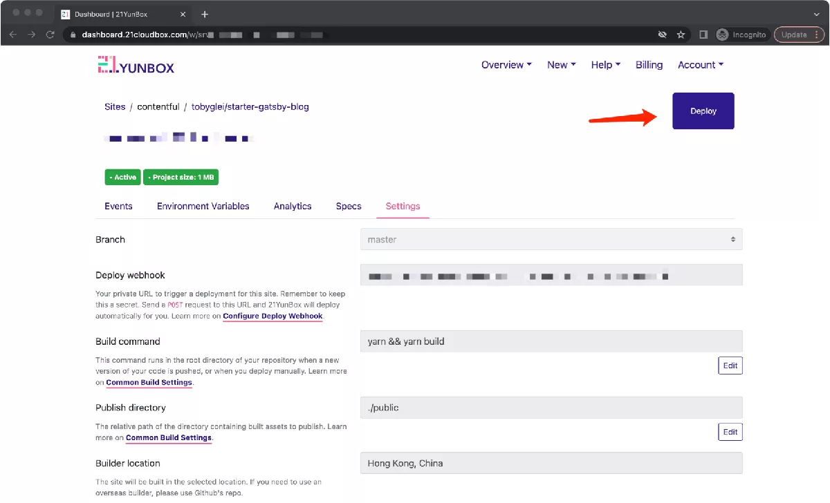 Press the purple deploy button on 21YunBox to publish new content from WordPress