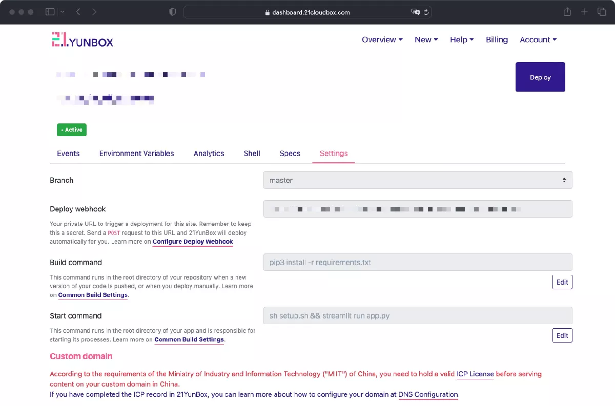 Configure Streamlit build command and start command