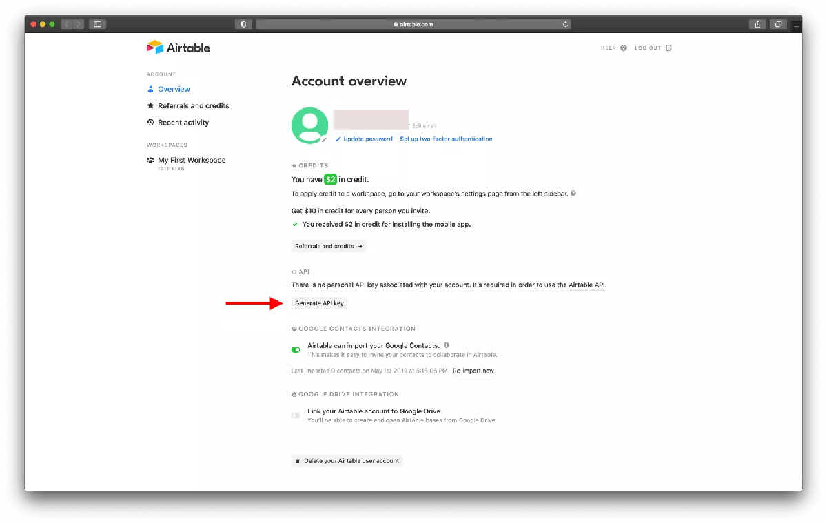 Step 2) to create an Airtable API KEY