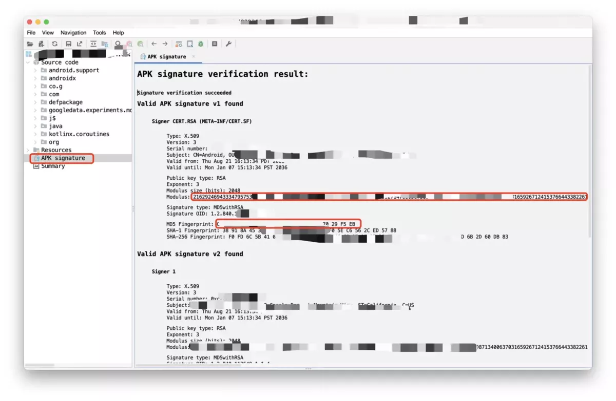 Screenshot illustrating the process of locating the public key and MD5 signature value within the APK signature file using JadxGUI.