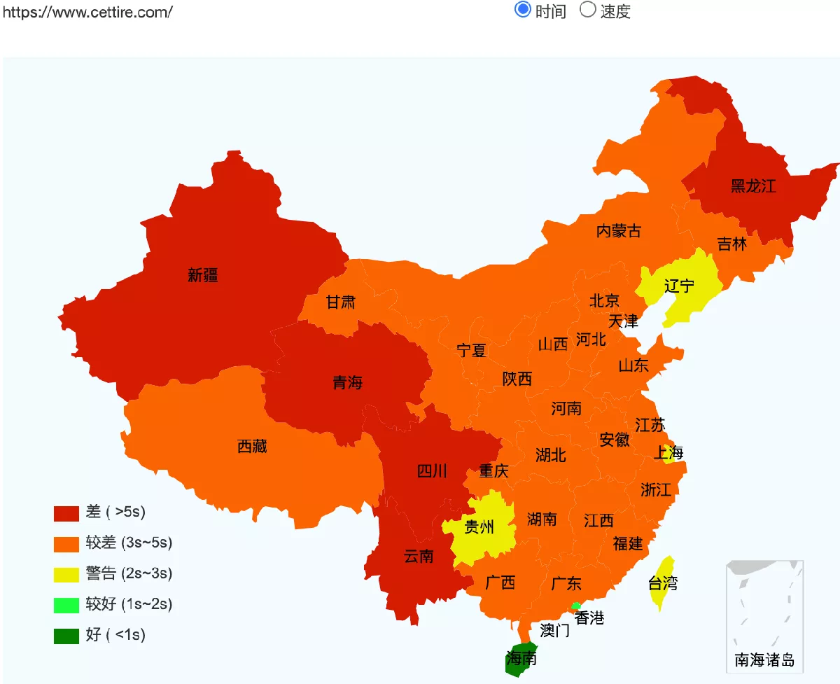 cettire.com access speed across mainland China (green: fast, red/orange: slow)