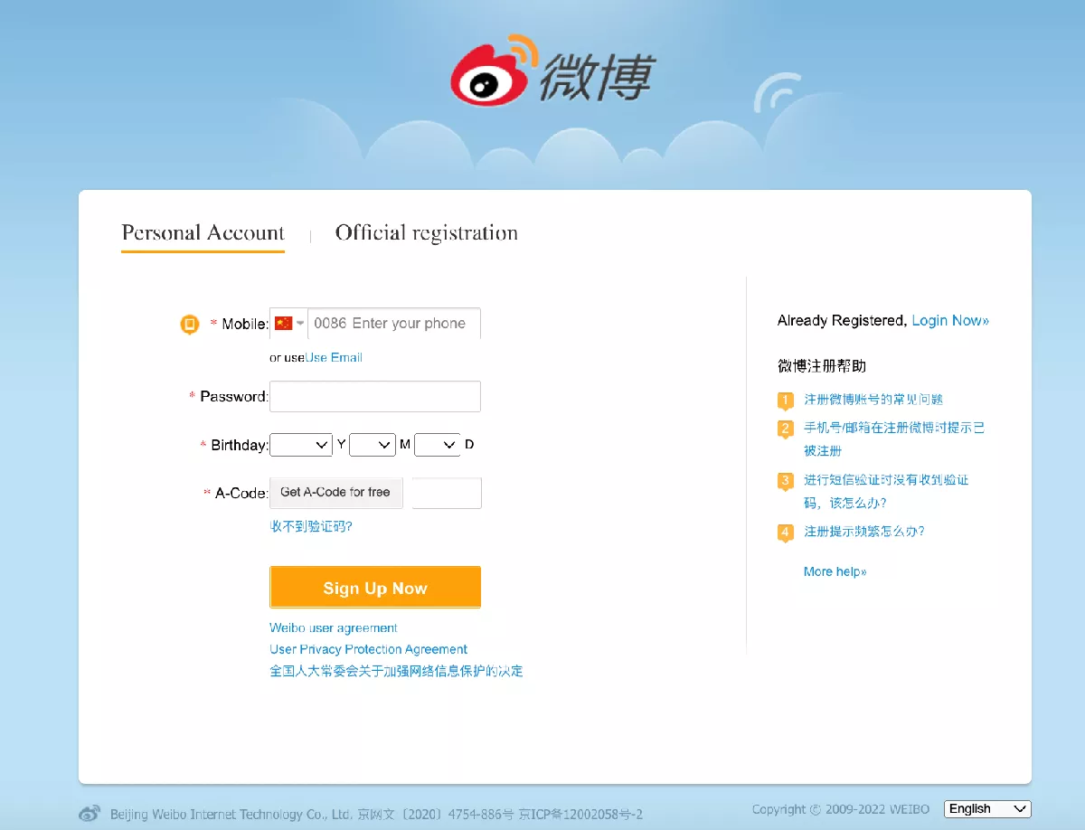 Sign up Weibo in English