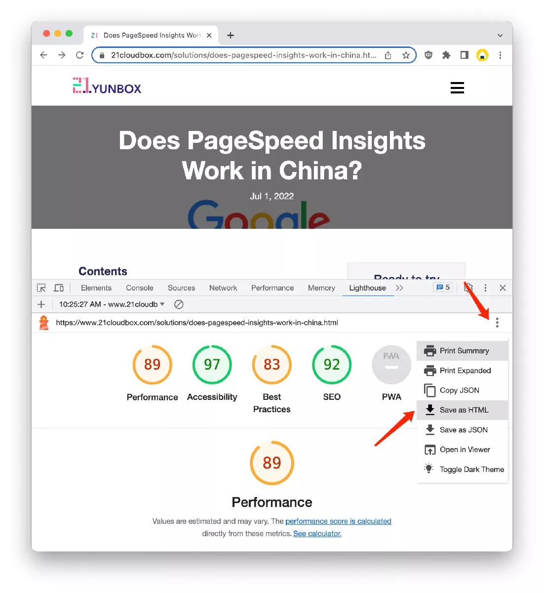 Steps to export lighthouse metrics in Chrome browser